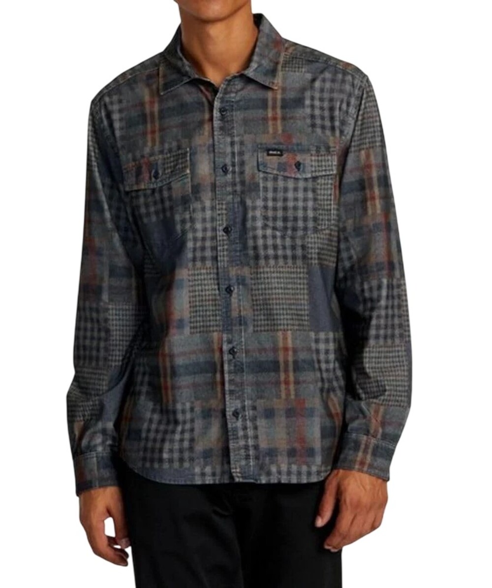 RVCA Freeman Cord Print Shirt 2XL Mens Regular Fit Long Sleeve Woven Navy Marine